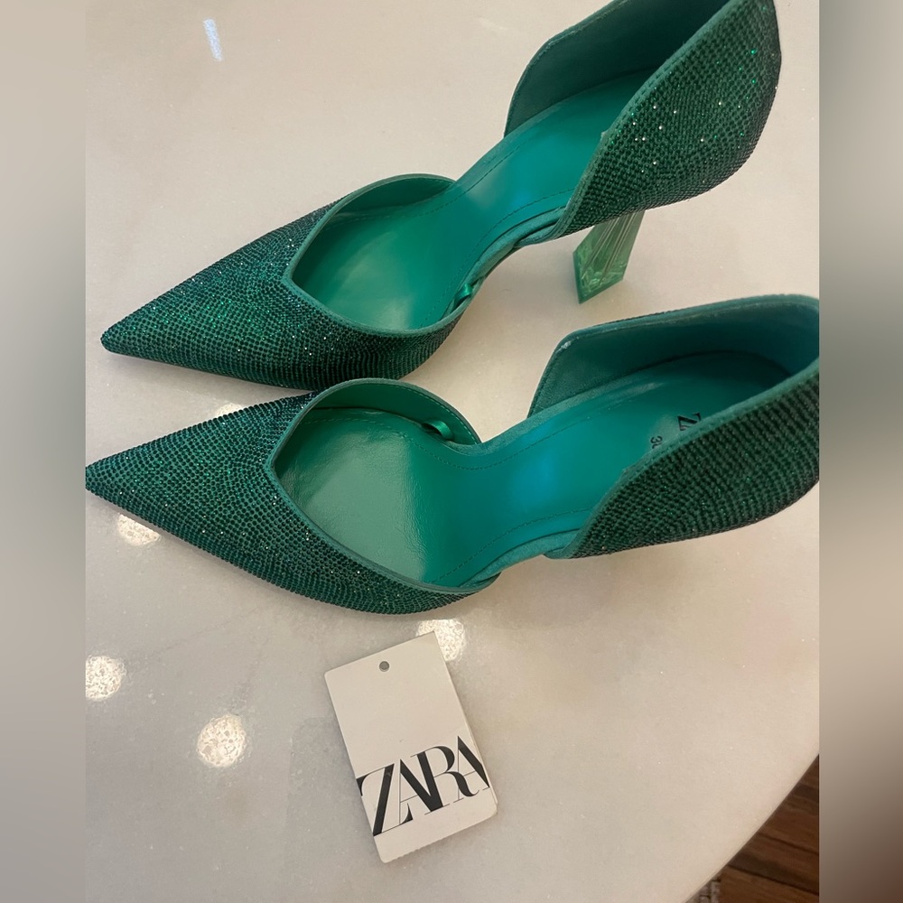 Zara High heel shoes with Green rhinestone detail. Worn once! Sz 7.5